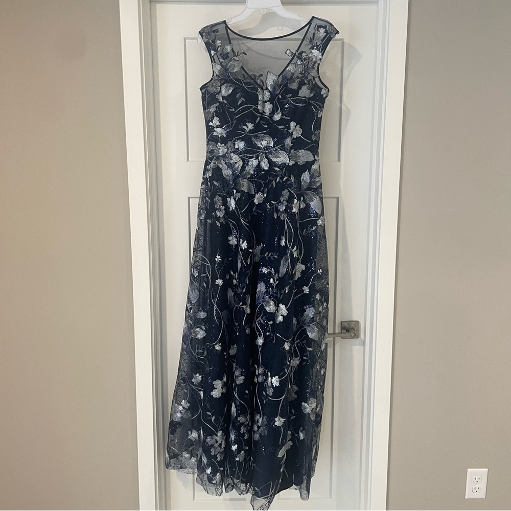Rickie Freeman for Teri Jon Navy and White Floral Gown